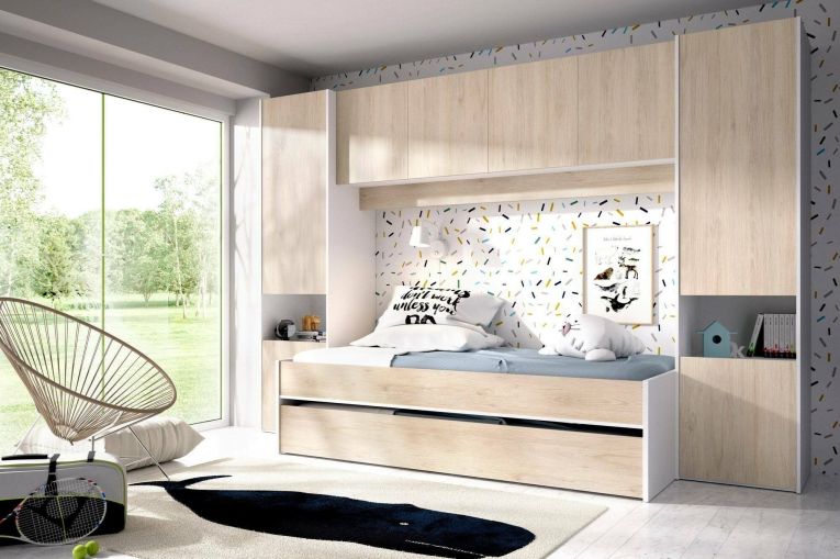 Letto per bambini Venturosa, Cameretta completa con armadio a ponte e cassettone, Composizione con letto e lettino singolo estraibile, 303x97h203 cm, Rovere e Bianco