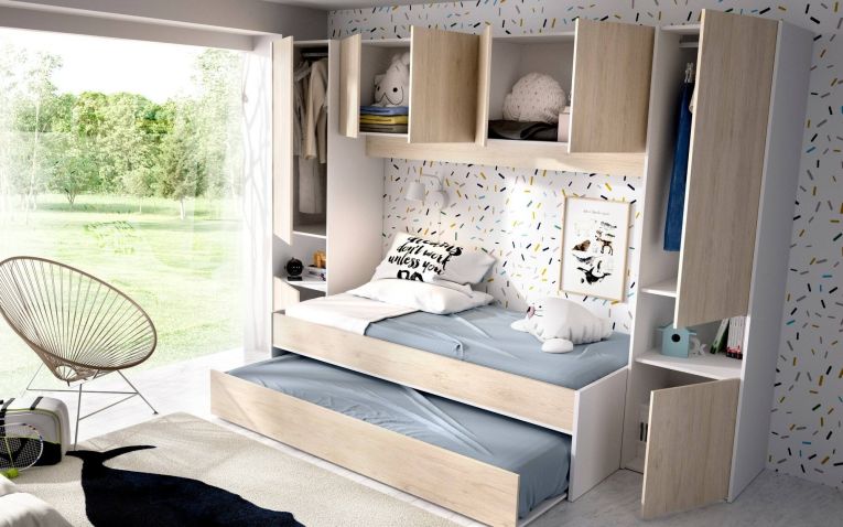 Letto per bambini Venturosa, Cameretta completa con armadio a ponte e cassettone, Composizione con letto e lettino singolo estraibile, 303x97h203 cm, Rovere e Bianco