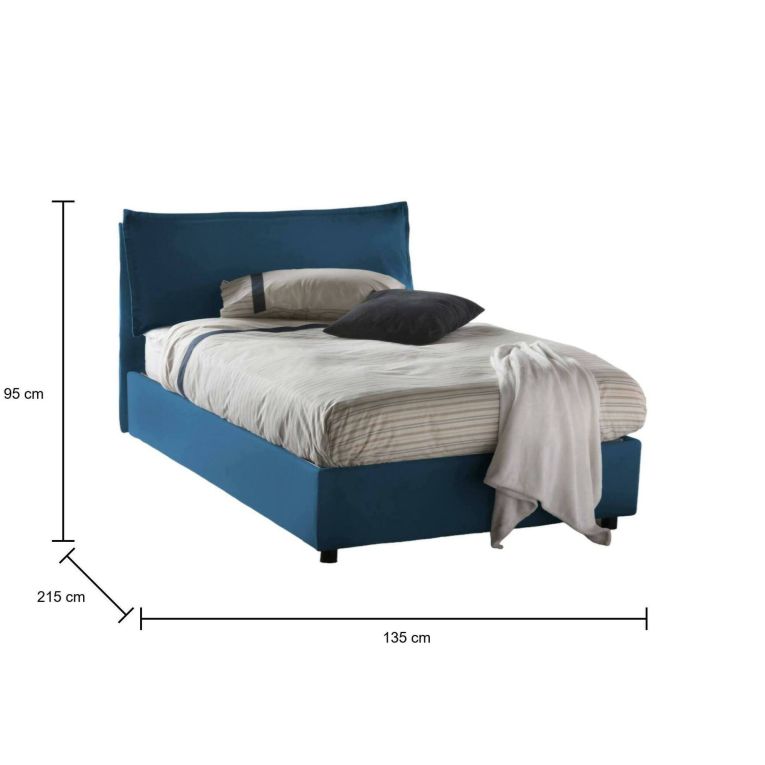 Letto piazza e mezza Agata, Letto contenitore con rivestimento in tessuto, 100% Made in Italy, Apertura frontale, con materasso Cm 120x200 incluso, Blu
