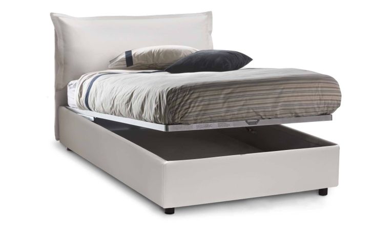 Letto piazza e mezza Angela, Letto contenitore con rivestimento in ecopelle, 100% Made in Italy, Apertura frontale, adatto per materasso Cm 120x190, Bianco