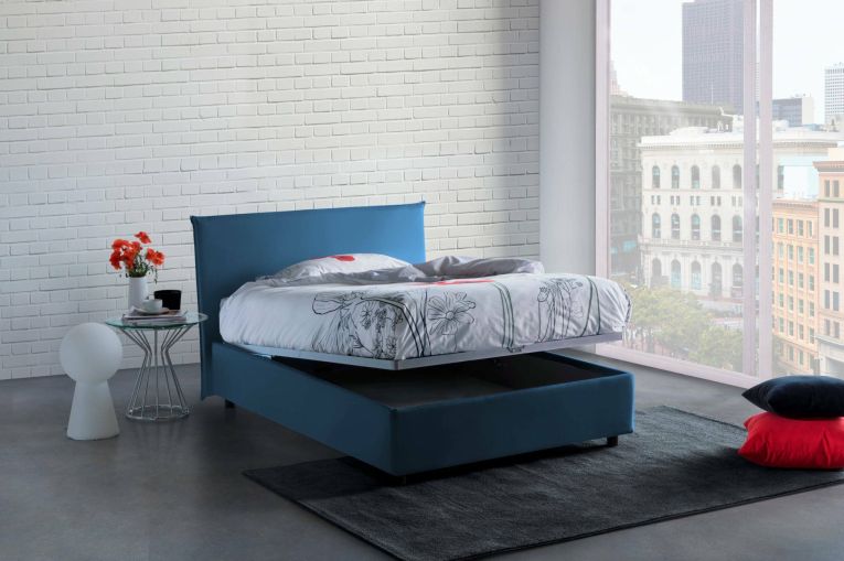 Letto piazza e mezza Ashasa, Letto contenitore con rivestimento in tessuto, 100% Made in Italy, Apertura frontale, adatto per materasso Cm 120x190, Blu