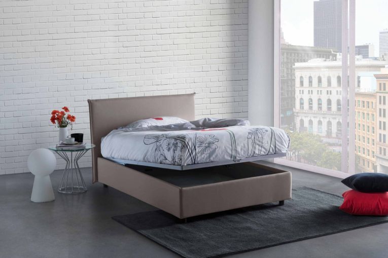 Letto piazza e mezza Ashasa, Letto contenitore con rivestimento in tessuto, 100% Made in Italy, Apertura frontale, adatto per materasso Cm 120x190, Tortora