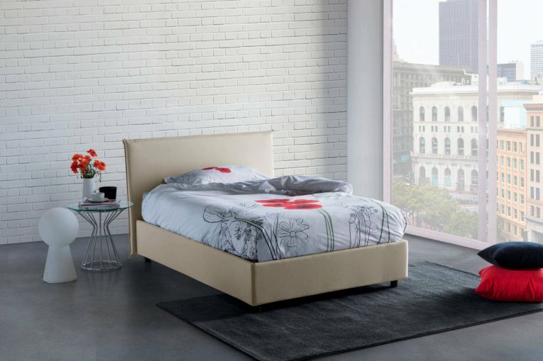 Letto piazza e mezza Astrid, Letto contenitore con rivestimento in tessuto, 100% Made in Italy, Apertura frontale, adatto per materasso Cm 120x200, Beige