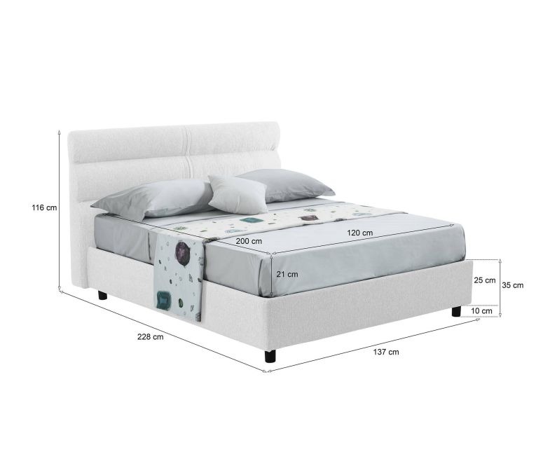 Letto Piazza e Mezza Bianco Materasso Incluso Sfoderabile, Contenitore Made in Italy - Brinzio