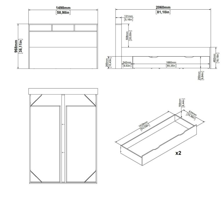 Letto piazza e mezza Blanchette, Sommier per camera da letto, Giroletto per stanza, Struttura porta materasso, 206x150 h97 cm, Rovere e Bianco