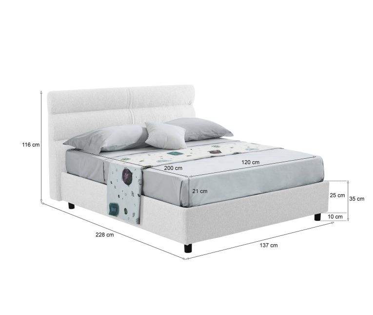 Letto piazza e mezza Brinzio, Con materasso Cm 120x200 incluso, Bianco