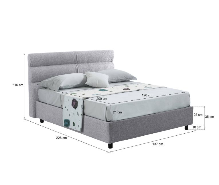Letto piazza e mezza Brinzio, Con materasso Cm 120x200 incluso, Grigio