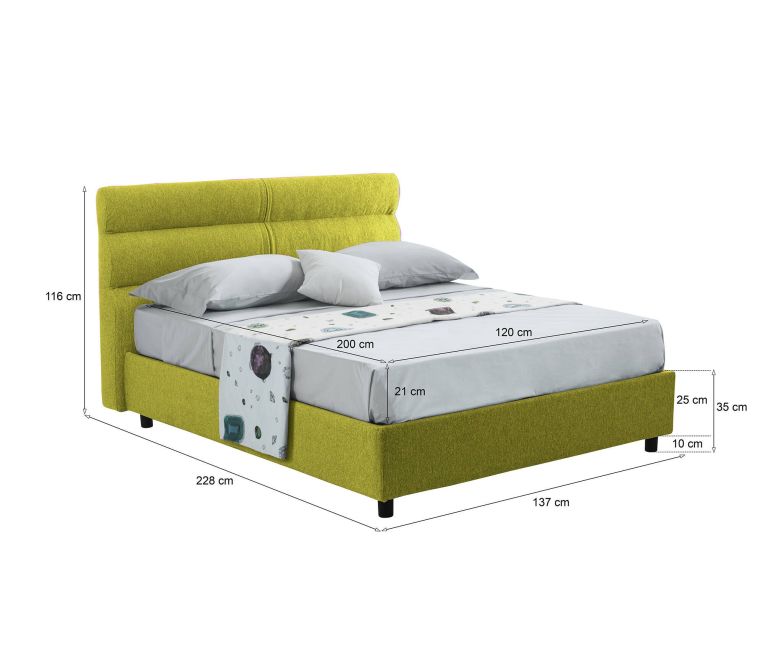 Letto piazza e mezza Brinzio, Con materasso Cm 120x200 incluso, Verde