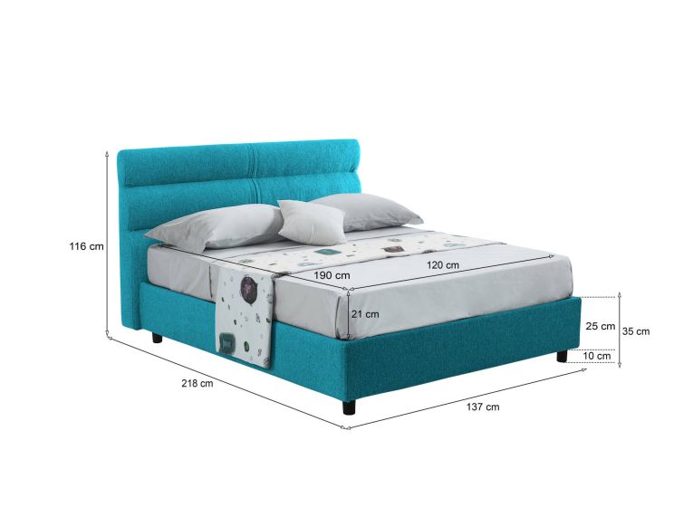 Letto piazza e mezza Briosco, Con materasso Cm 120x190 incluso, Azzurro