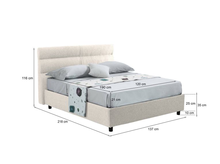 Letto piazza e mezza Briosco, Con materasso Cm 120x190 incluso, Beige
