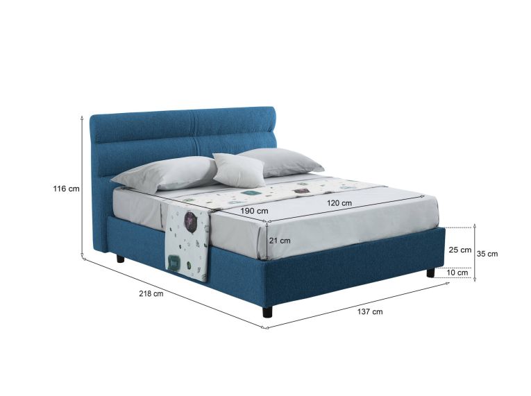 Letto piazza e mezza Briosco, Con materasso Cm 120x190 incluso, Blu