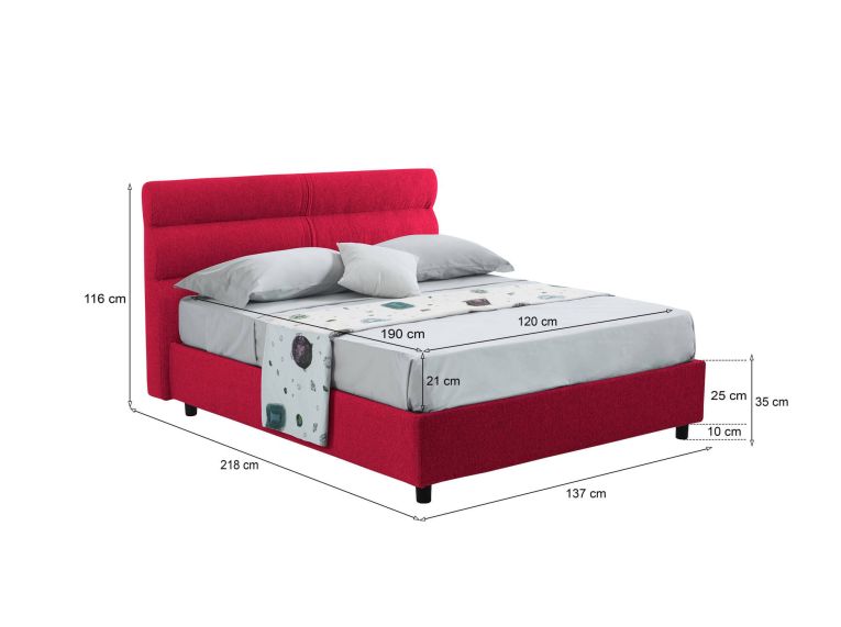 Letto piazza e mezza Briosco, Con materasso Cm 120x190 incluso, Rosso