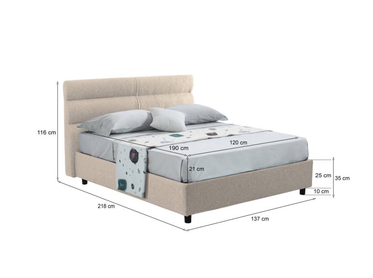 Letto piazza e mezza Briosco, Con materasso Cm 120x190 incluso, Tortora