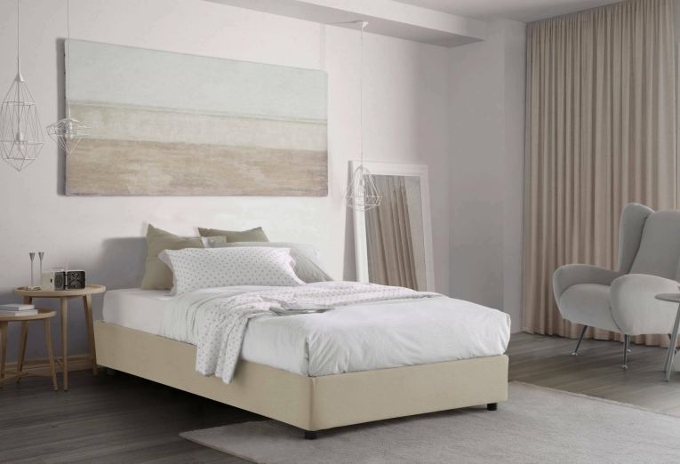 Letto piazza e mezza Camilla, Letto contenitore con rivestimento in tessuto, 100% Made in Italy, Apertura laterale, adatto per materasso Cm 120x190, Beige