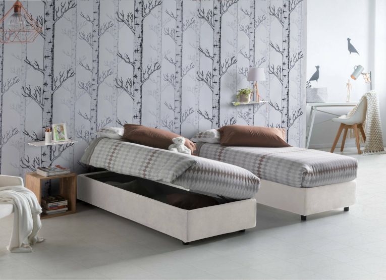 Letto piazza e mezza Camilla, Letto contenitore con rivestimento in tessuto, 100% Made in Italy, Apertura laterale, adatto per materasso Cm 120x190, Bianco