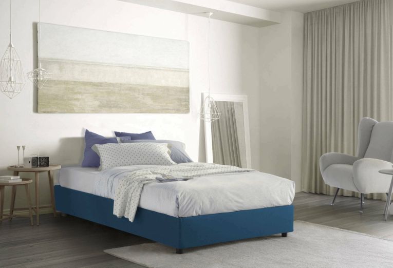 Letto piazza e mezza Camilla, Letto contenitore con rivestimento in tessuto, 100% Made in Italy, Apertura laterale, adatto per materasso Cm 120x190, Blu