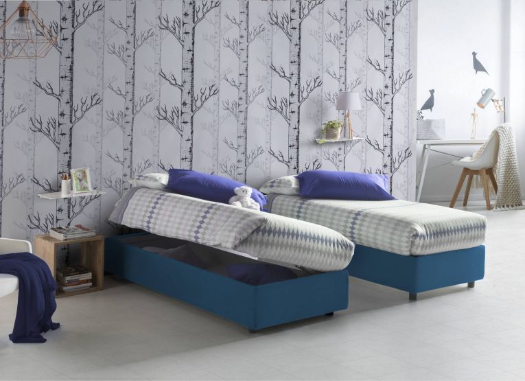 Letto piazza e mezza Camilla, Letto contenitore con rivestimento in tessuto, 100% Made in Italy, Apertura laterale, adatto per materasso Cm 120x190, Blu