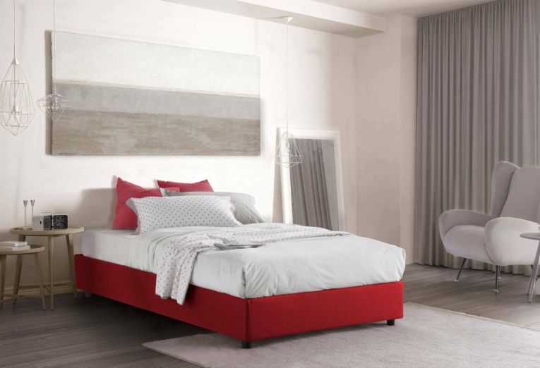 Letto piazza e mezza Camilla, Letto contenitore con rivestimento in tessuto, 100% Made in Italy, Apertura laterale, adatto per materasso Cm 120x190, Rosso