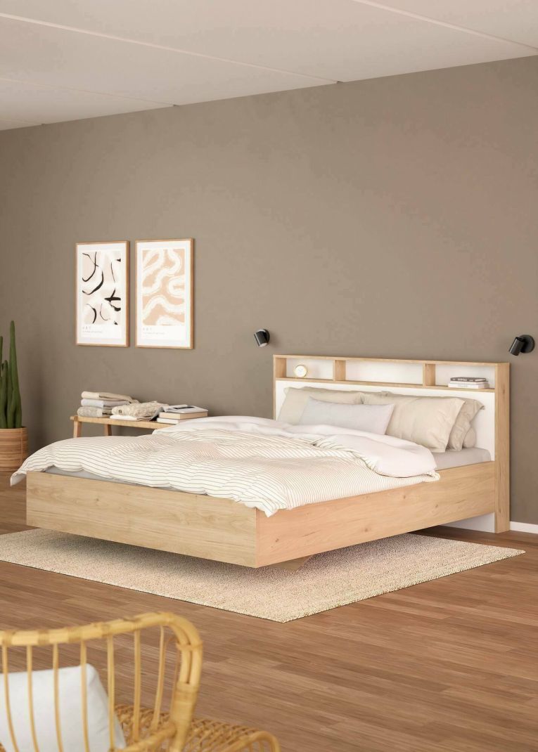 Letto piazza e mezza Carissa, Sommier per camera da letto, Giroletto per stanza, Struttura porta materasso, 206x150 h97 cm, Rovere e Bianco