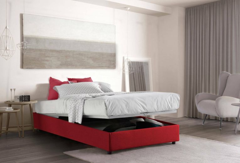 Letto piazza e mezza Chiara, Letto contenitore con rivestimento in tessuto, 100% Made in Italy, Apertura frontale, con materasso Cm 120x190 incluso, Rosso