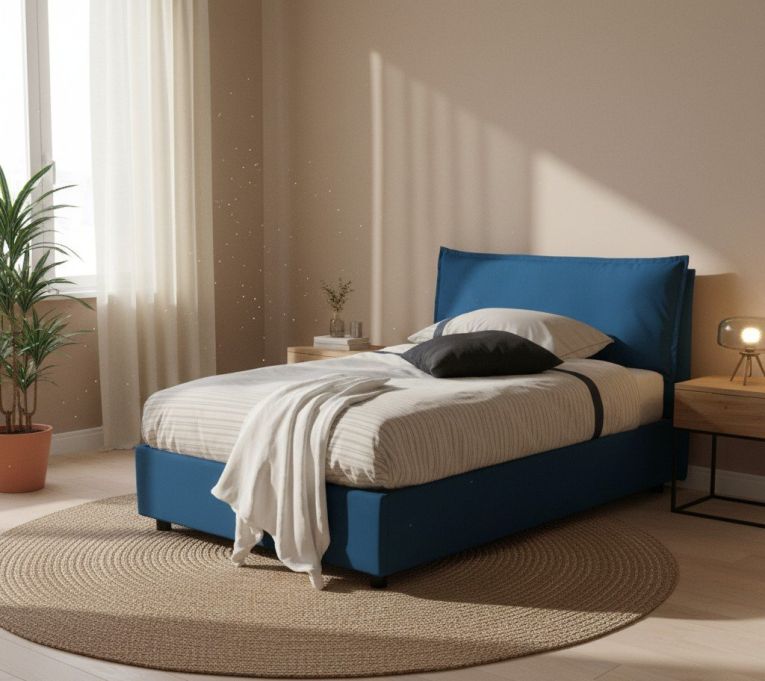 Letto piazza e mezza Claudia, Letto contenitore con rivestimento in tessuto, 100% Made in Italy, Apertura frontale, adatto per materasso Cm 120x200, Blu