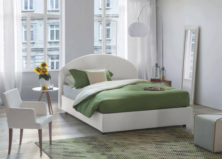 Letto piazza e mezza Connie, Letto contenitore con rivestimento in tessuto, 100% Made in Italy, Apertura frontale, con materasso Cm 120x190 incluso, Bianco