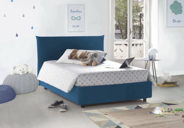 Letto piazza e mezza Creta, Letto contenitore con rivestimento in tessuto, 100% Made in Italy, Apertura frontale, con materasso Cm 120x190 incluso, Blu