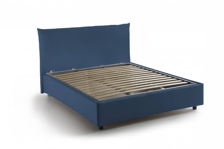 Letto piazza e mezza Creta, Letto contenitore con rivestimento in tessuto, 100% Made in Italy, Apertura frontale, con materasso Cm 120x190 incluso, Blu