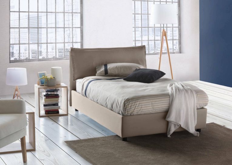 Letto piazza e mezza Desiree, Letto contenitore con rivestimento in tessuto, 100% Made in Italy, Apertura frontale, con materasso Cm 120x190 incluso, Tortora