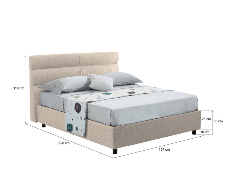 Letto Piazza e Mezza Grigio Tortora Sfoderabile Contenitore, Dimensione Materasso 120x200 cm Made in Italy - Briona