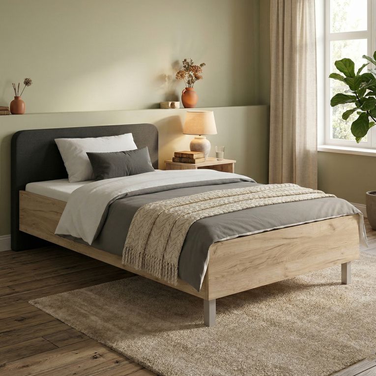 Letto Piazza e Mezza Marrone Rovere Grigio Grigio Dimensione Materasso 120x200 cm, Imbottito - Norcia