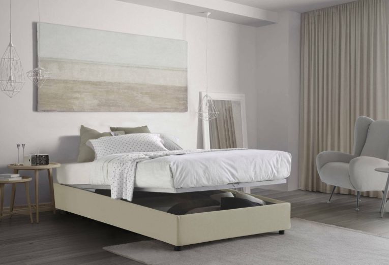 Letto piazza e mezza Nicole, Letto contenitore con rivestimento in tessuto, 100% Made in Italy, Apertura frontale, adatto per materasso Cm 120x190, Beige