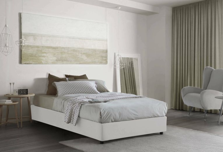 Letto piazza e mezza Nicole, Letto contenitore con rivestimento in tessuto, 100% Made in Italy, Apertura frontale, adatto per materasso Cm 120x190, Bianco