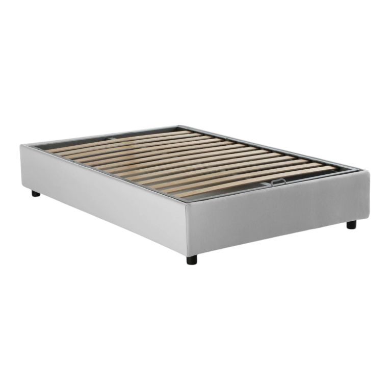 Letto piazza e mezza Rebecca, Letto contenitore con rivestimento in tessuto, 100% Made in Italy, Apertura frontale, con materasso Cm 120x200 incluso, Bianco