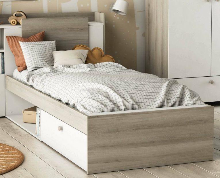 Letto singolo Agout, Sommier per camera da letto, Giroletto per stanza, Struttura porta materasso, 200x120 h 91 cm, Rovere e Bianco opaco