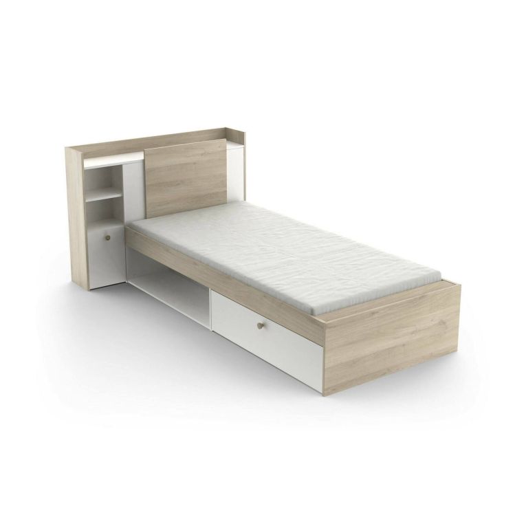 Letto singolo Agout, Sommier per camera da letto, Giroletto per stanza, Struttura porta materasso, 200x120 h 91 cm, Rovere e Bianco opaco