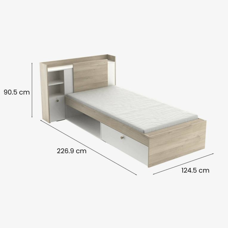 Letto singolo Agout, Sommier per camera da letto, Giroletto per stanza, Struttura porta materasso, 200x120 h 91 cm, Rovere e Bianco opaco