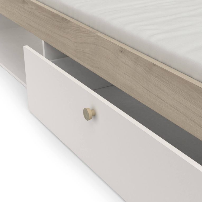 Letto singolo Agout, Sommier per camera da letto, Giroletto per stanza, Struttura porta materasso, 200x120 h 91 cm, Rovere e Bianco opaco