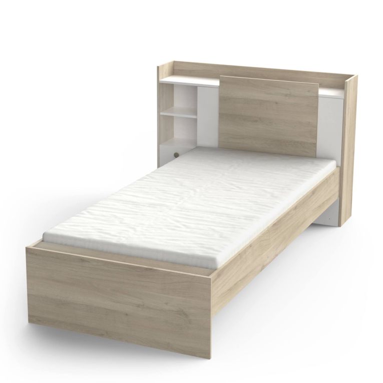 Letto singolo Agout, Sommier per camera da letto, Giroletto per stanza, Struttura porta materasso, 200x120 h 91 cm, Rovere e Bianco opaco