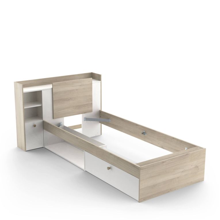 Letto singolo Agout, Sommier per camera da letto, Giroletto per stanza, Struttura porta materasso, 200x120 h 91 cm, Rovere e Bianco opaco