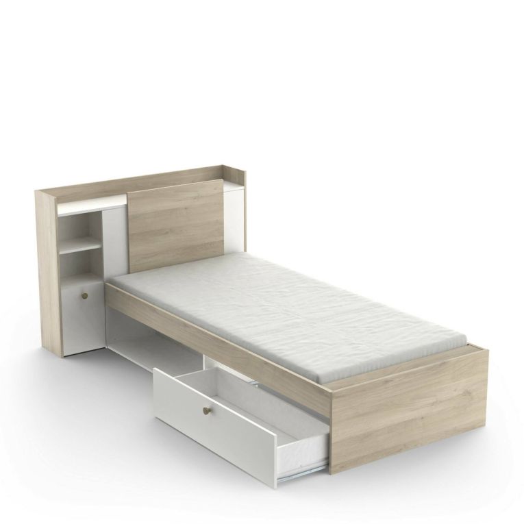 Letto singolo Agout, Sommier per camera da letto, Giroletto per stanza, Struttura porta materasso, 200x120 h 91 cm, Rovere e Bianco opaco
