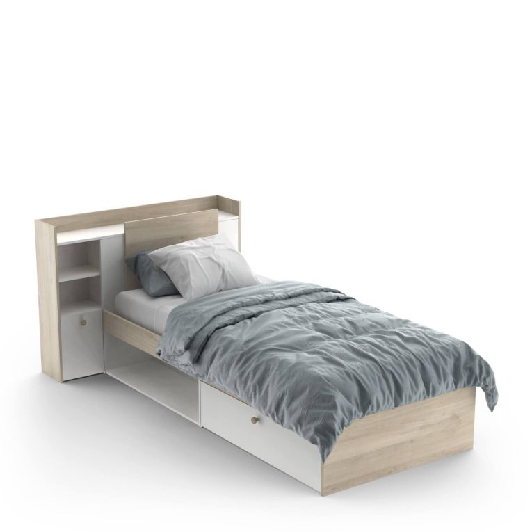 Letto singolo Agout, Sommier per camera da letto, Giroletto per stanza, Struttura porta materasso, 200x120 h 91 cm, Rovere e Bianco opaco