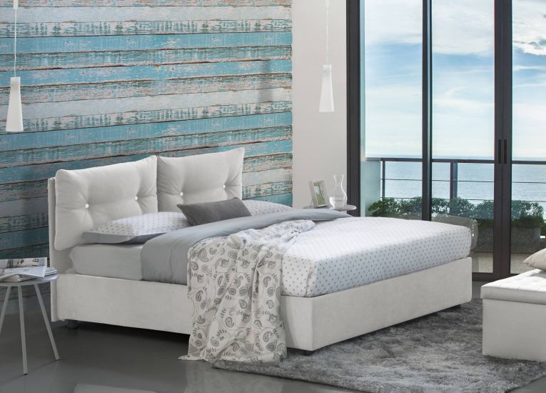 Letto singolo Albina, Letto contenitore con rivestimento in tessuto, 100% Made in Italy, Apertura frontale, con materasso Cm 80x190 incluso, Bianco