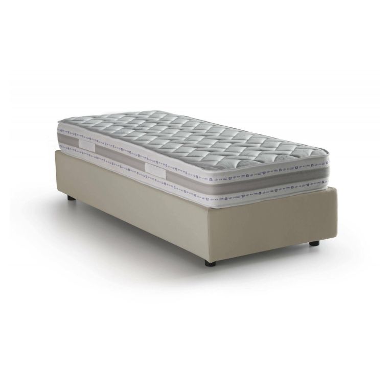 Letto singolo Amelia, Letto contenitore con rivestimento in tessuto, 100% Made in Italy, Apertura frontale, con materasso Cm 80x190 incluso, Beige