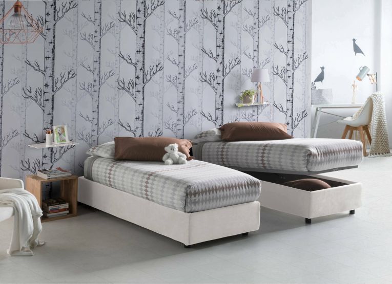 Letto singolo Amelia, Letto contenitore con rivestimento in tessuto, 100% Made in Italy, Apertura frontale, con materasso Cm 80x190 incluso, Bianco