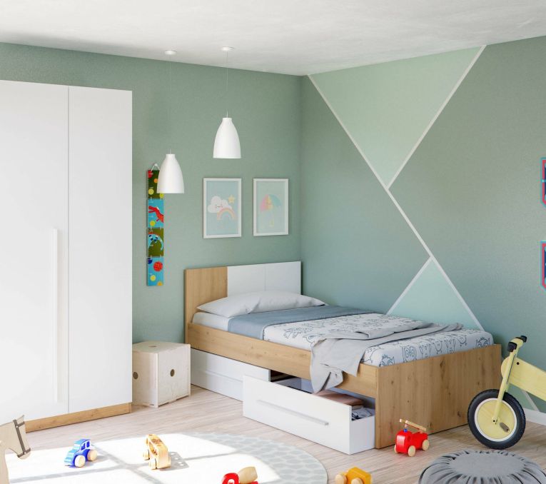 Letto singolo Anaheim, Letto singolo contenitore con testiera, Struttura letto a 2 cassetti per camera da letto, 196x97h77 cm, Rovere nodi e Bianco