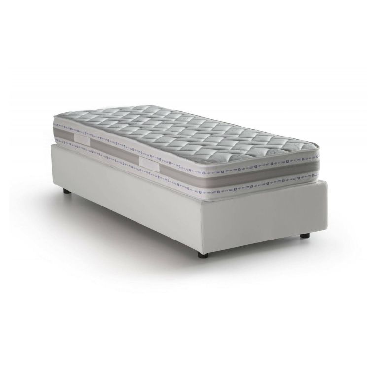 Letto singolo Anita, Letto contenitore con rivestimento in ecopelle, 100% Made in Italy, Apertura laterale, con materasso Cm 80x190 incluso, Bianco