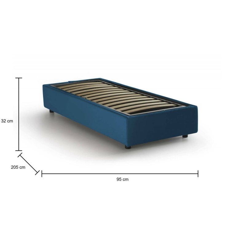 Letto singolo Asia, Letto contenitore con rivestimento in tessuto, 100% Made in Italy, Apertura frontale, adatto per materasso Cm 80x190, Blu