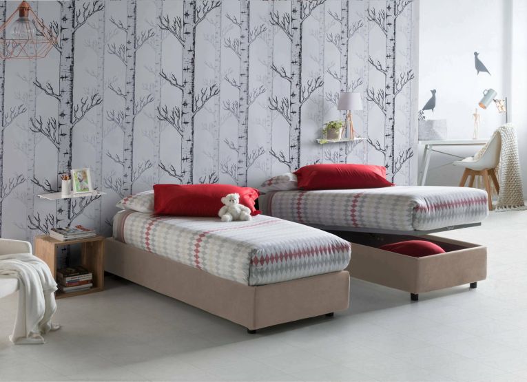 Letto singolo Asia, Letto contenitore con rivestimento in tessuto, 100% Made in Italy, Apertura frontale, adatto per materasso Cm 80x190, Tortora