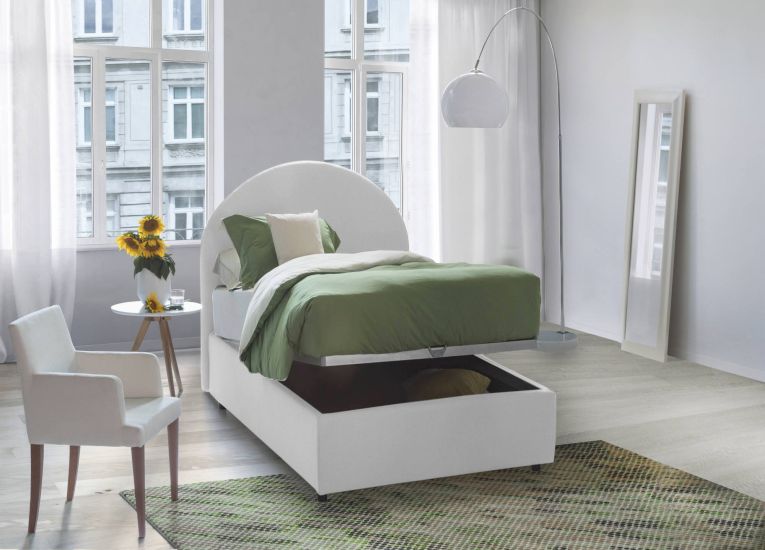 Letto singolo Beatrice, Letto contenitore con rivestimento in tessuto, 100% Made in Italy, Apertura frontale, adatto per materasso Cm 80x190, Bianco